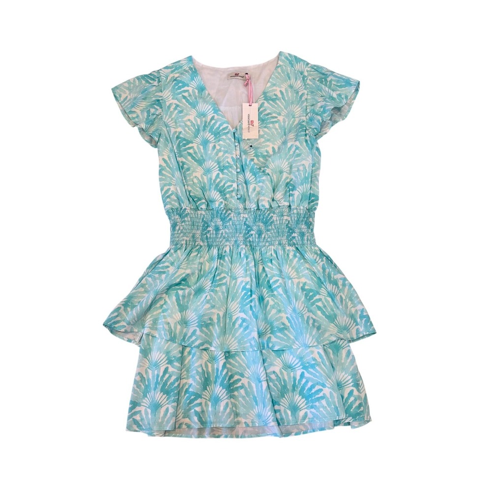 Vineyard Vines Palm Smock Waist Dress Andros Blue Tropical Flutter Sleeve Mini S